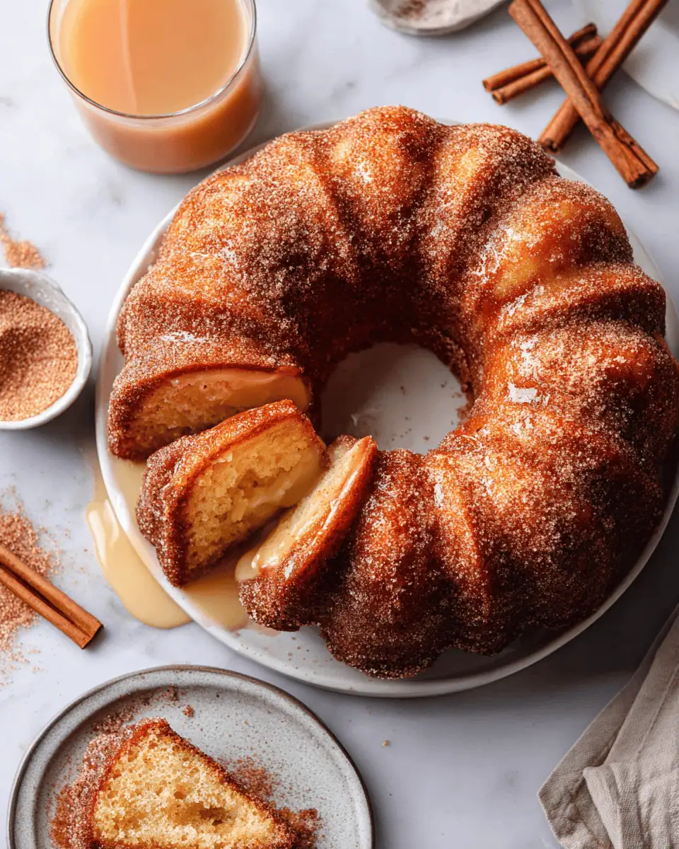 A thick slice of apple cider doughnut cake on a plate, showing the moist, tender crumb and dark cinnamon-sugar crust.