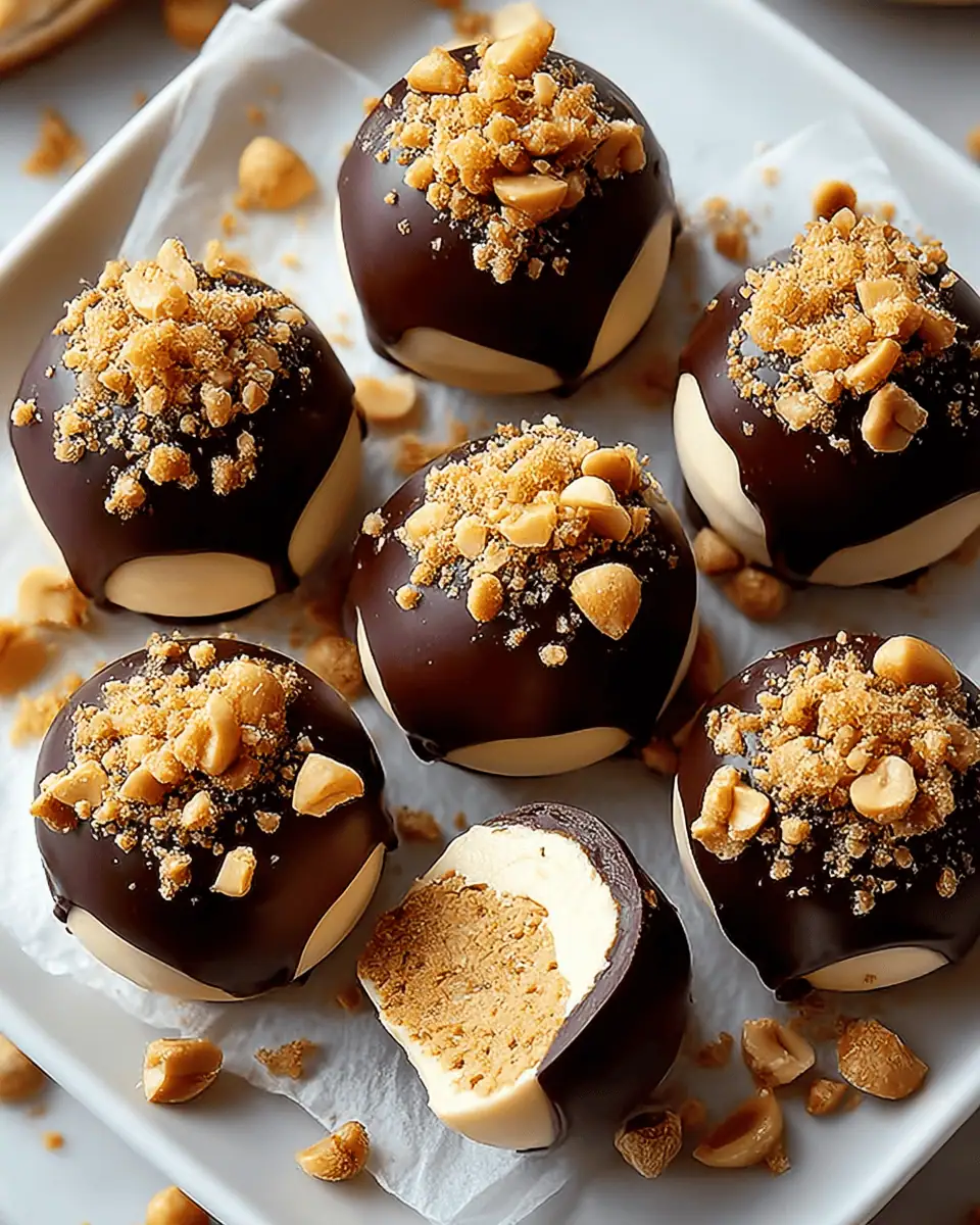 A single peanut butter cheesecake bite cut in half, showing the creamy, pale peanut butter filling and the crisp chocolate shell.