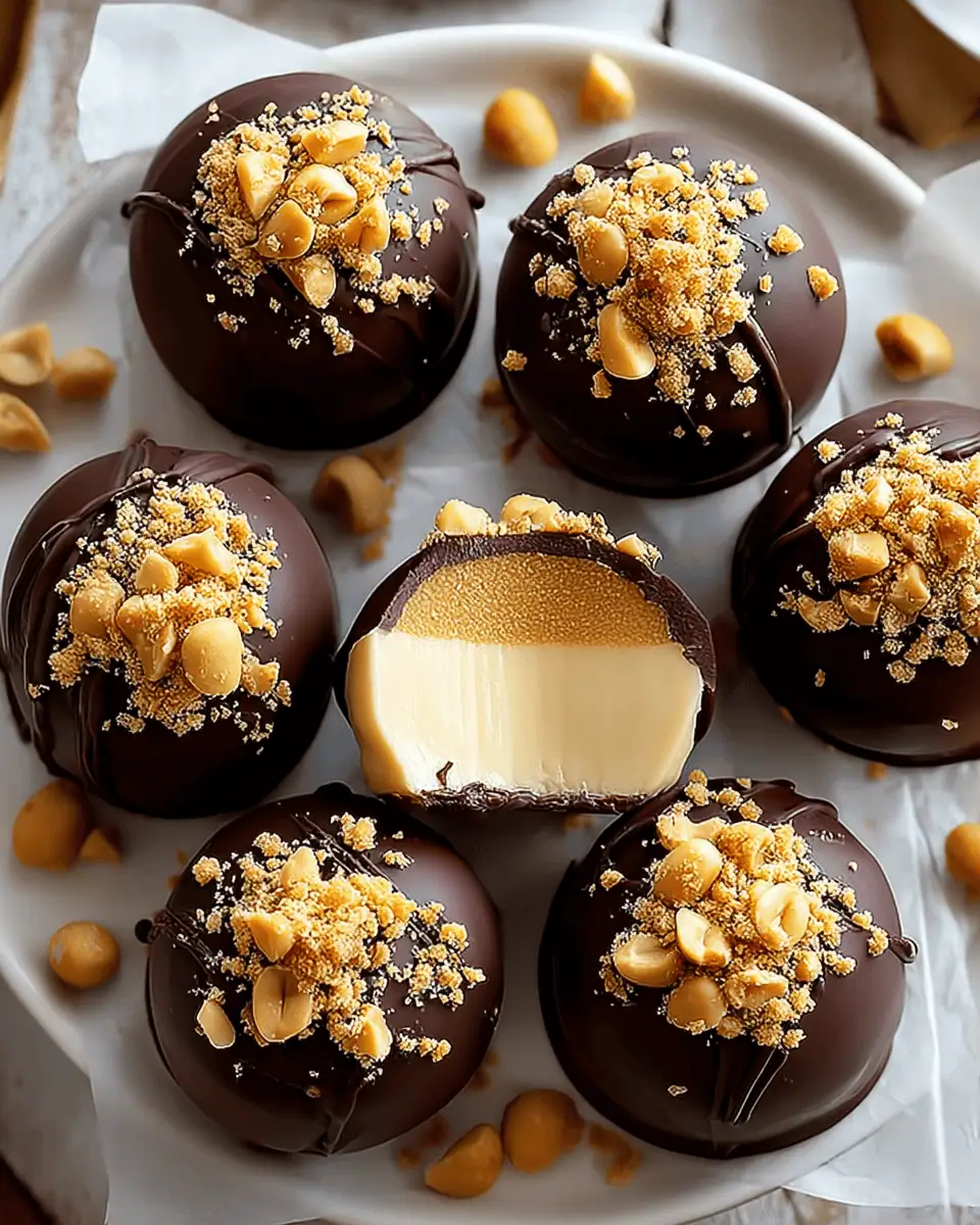 A close-up of several peanut butter cheesecake bites, showing the glossy chocolate coating and crunchy peanut topping.