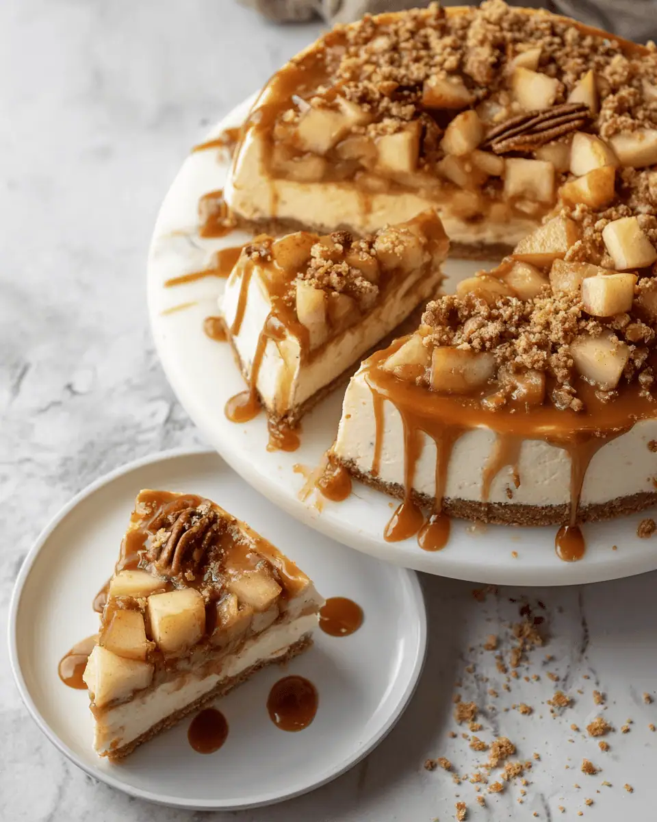 The Ultimate Salted Caramel Apple Pie Cheesecake (A Holiday Showstopper!) 3 A whole, tall apple pie cheesecake on a cake stand, with a rich caramel drizzle and apple topping.