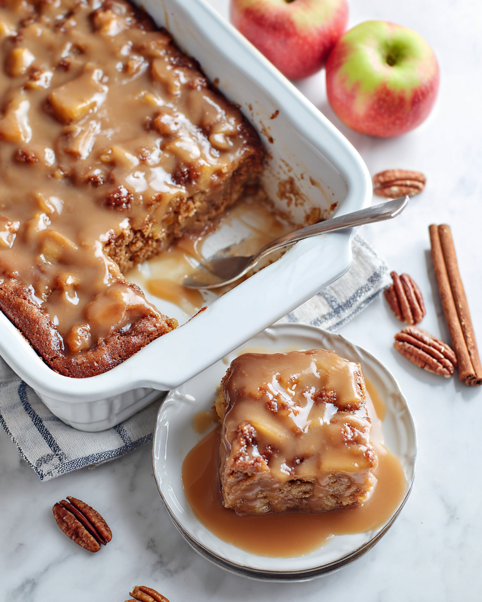 A 9x13 glass baking dish of golden-brown apple dapple cake, soaked in a buttery brown sugar glaze.