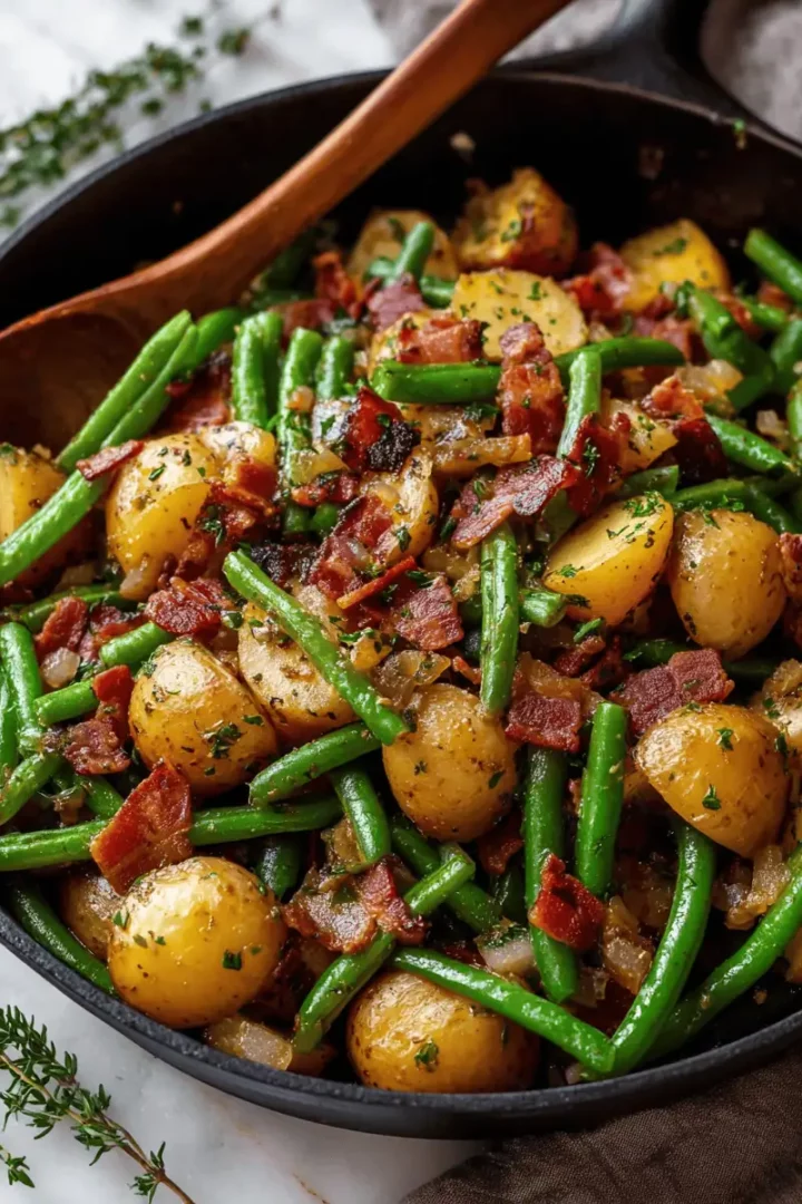 Easy Country Ranch Green Beans and Potatoes with Bacon 38 A spoonful of ranch green beans and potatoes being lifted from a Dutch oven.