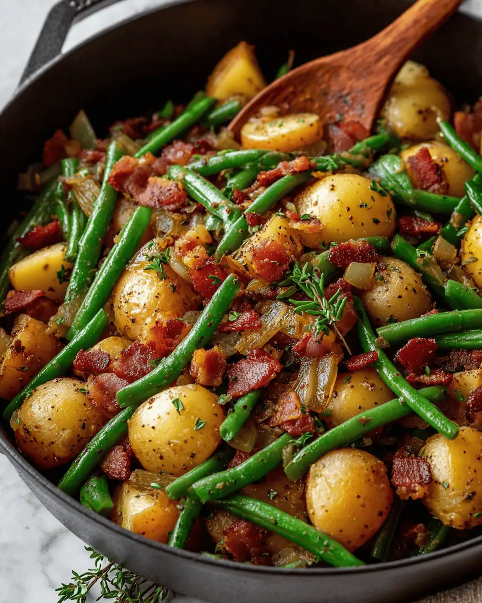 A white serving bowl filled with savory ranch green beans, potatoes, and bacon, garnished with parsley.