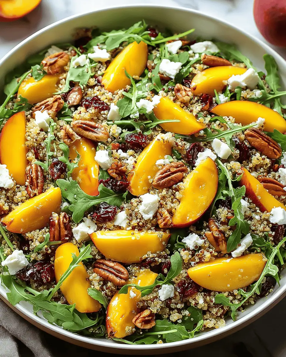 An overhead shot of the colorful peach quinoa salad on a wooden table, ready to be served.