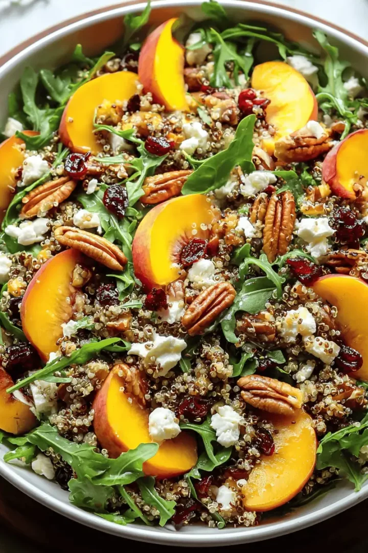 Millionaire Peach Quinoa Salad (Healthy & Impressive!) 10 A single serving of peach quinoa salad on a small white plate with a fork.