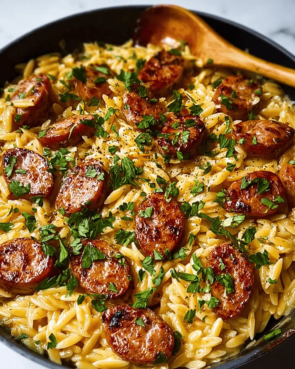A cast-iron skillet filled with creamy one-pot sausage and orzo, garnished with fresh parsley.