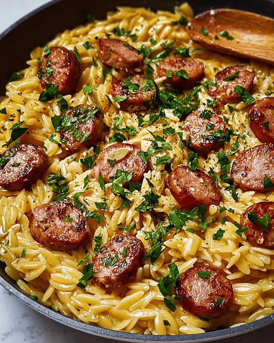 A close-up spoonful of the creamy garlic butter sausage and orzo, flecked with fresh parsley.