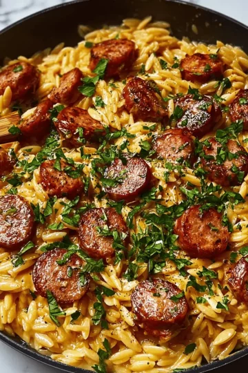Easy 30-Minute One-Pot Garlic Butter Sausage and Orzo 8 An overhead shot of the one-pot sausage and orzo in a skillet, with a serving spoon resting inside.