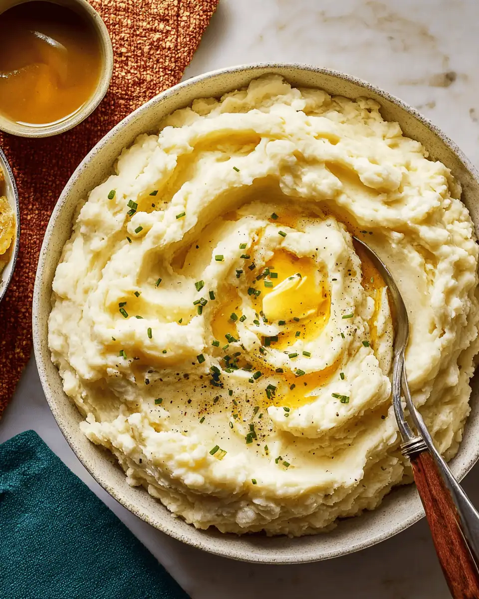 Ultra-Fluffy Mashed Potatoes (The Ultimate Holiday Side!) 1 A bowl of fluffy mashed potatoes on a Thanksgiving table, with a gravy boat and turkey in the background.