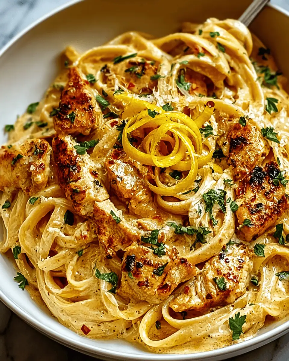 Irresistibly Easy Cowboy Butter Chicken Linguine (in 30 Minutes!) 2 A cast-iron skillet of creamy chicken linguine, showing tender chicken pieces and a glossy sauce.