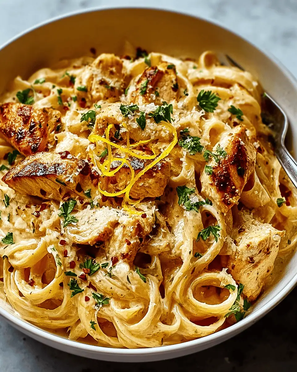 Irresistibly Easy Cowboy Butter Chicken Linguine (in 30 Minutes!) 1 A close-up of a fork twirling the glossy cowboy butter chicken linguine, flecked with herbs.
