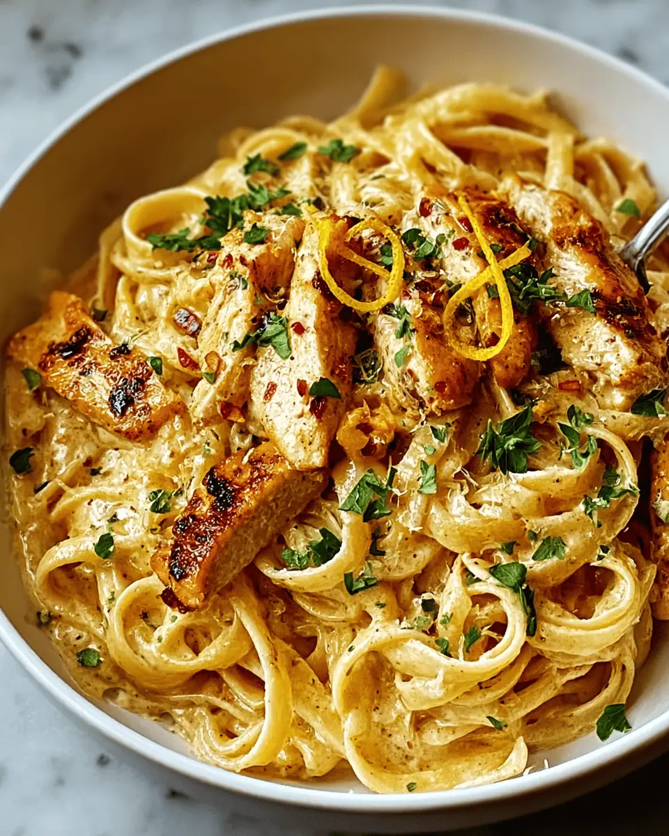 Irresistibly Easy Cowboy Butter Chicken Linguine (in 30 Minutes!) 3 A white bowl of creamy cowboy butter chicken linguine, topped with fresh parsley and parmesan.