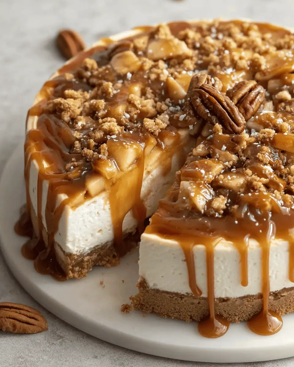 The Ultimate Salted Caramel Apple Pie Cheesecake (A Holiday Showstopper!) 1 A fork lifting a bite of the apple pie cheesecake, showing the creamy texture and apple pieces.