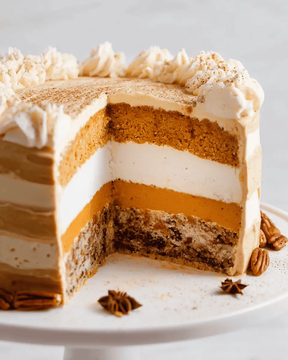 The Ultimate Thanksgiving Piecaken (Pumpkin Pie + Cheesecake + Spice Cake!) 2 A single, tall slice of the Thanksgiving Piecaken on a plate, clearly showing the three distinct layers.