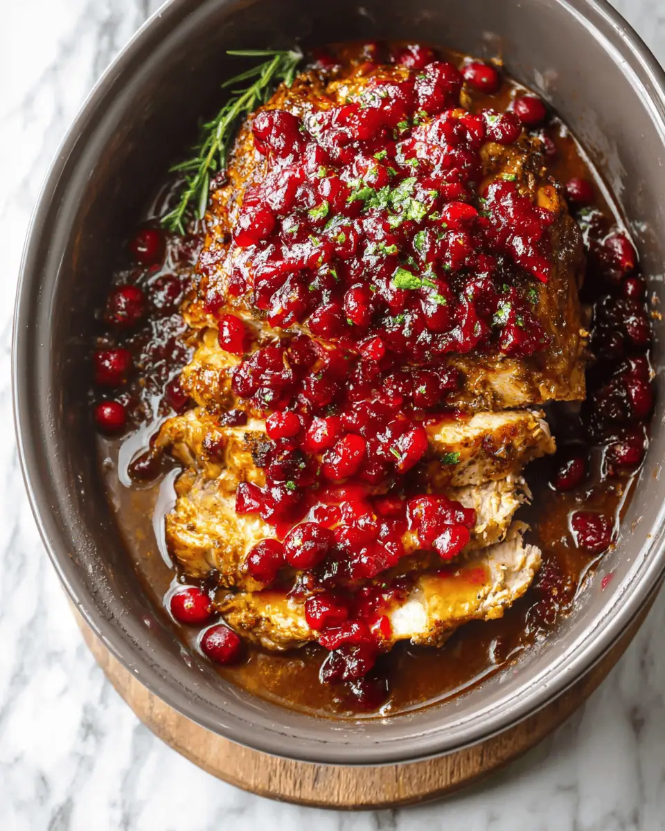 Easy Crockpot Cranberry Turkey Roast (A Holiday Lifesaver!) 1 An overhead shot of the whole cooked turkey roast in the slow cooker, sitting in the dark, bubbly cranberry sauce.