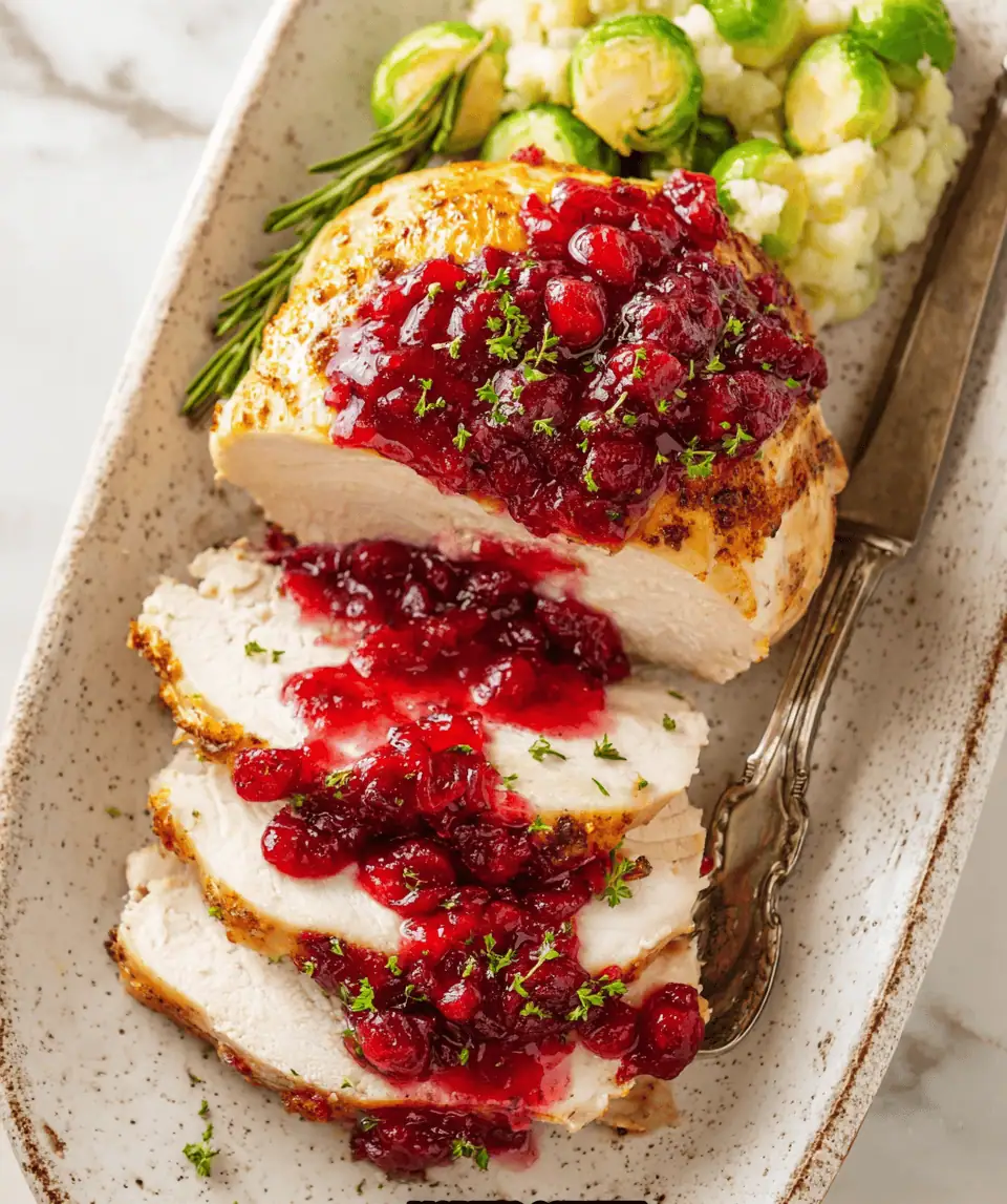 Easy Crockpot Cranberry Turkey Roast (A Holiday Lifesaver!) 3 The finished cranberry turkey roast on a holiday table, surrounded by side dishes.