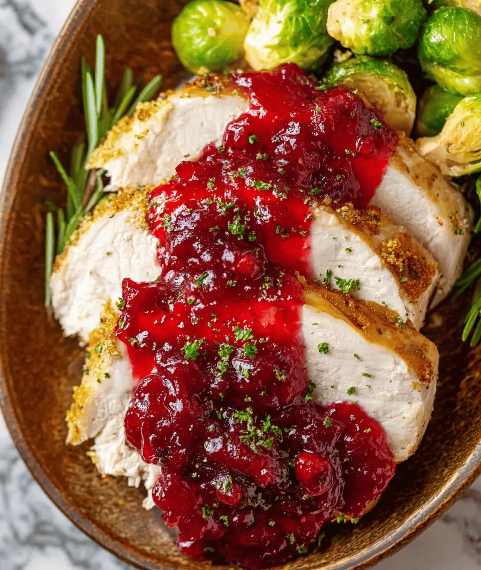 Easy Crockpot Cranberry Turkey Roast (A Holiday Lifesaver!) 2 A single, thick slice of cranberry turkey roast on a white plate, with extra sauce spooned over the top.