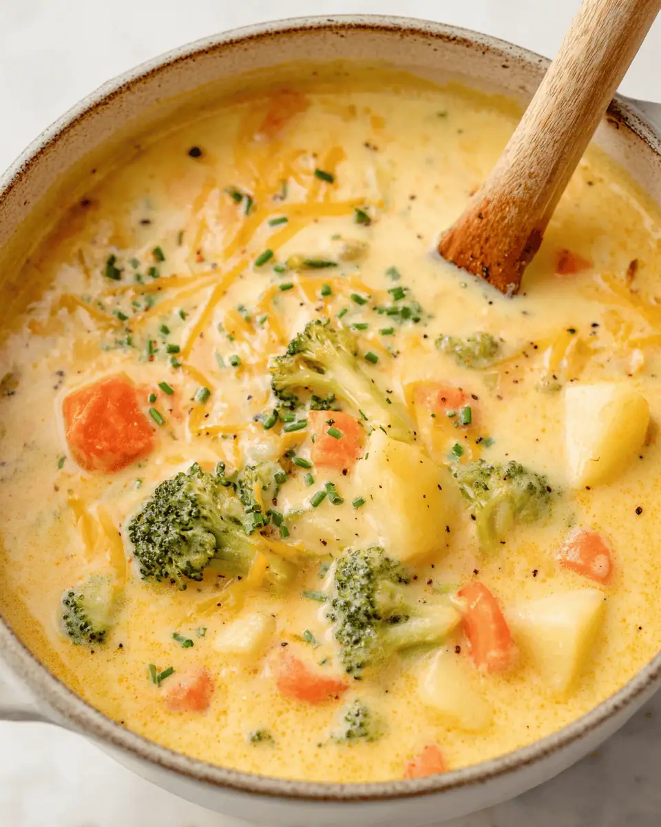 The Ultimate Creamy Vegetable Soup (Cheesy Broccoli & Potato!) 2 A white bowl of thick, creamy vegetable soup, showing chunks of potato, broccoli, and carrot, topped with cheese.