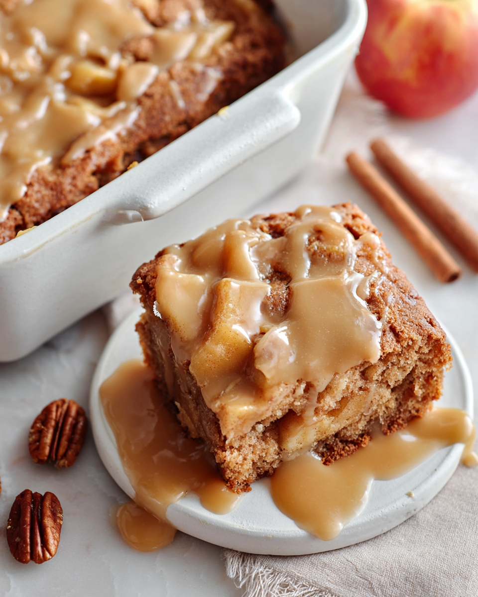 A warm slice of apple dapple cake in a bowl, topped with a melting scoop of vanilla ice cream.