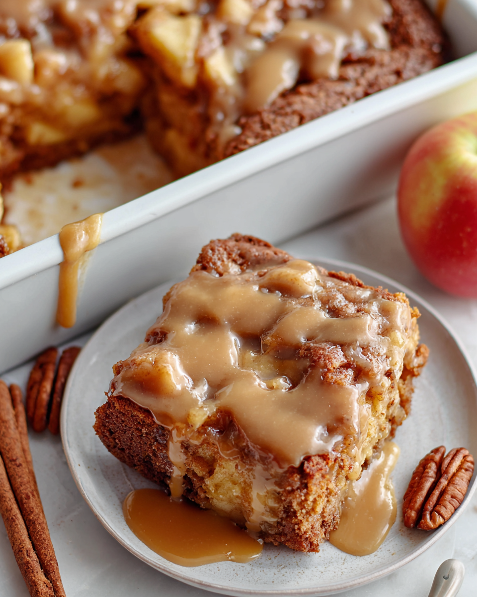 An overhead shot of the entire glazed apple dapple cake, cut into squares in its pan.