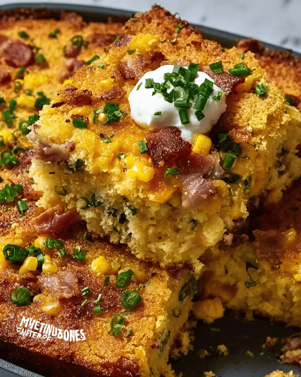 A cast-iron skillet of baked cornbread casserole, topped with melted cheddar cheese and sliced green onions.