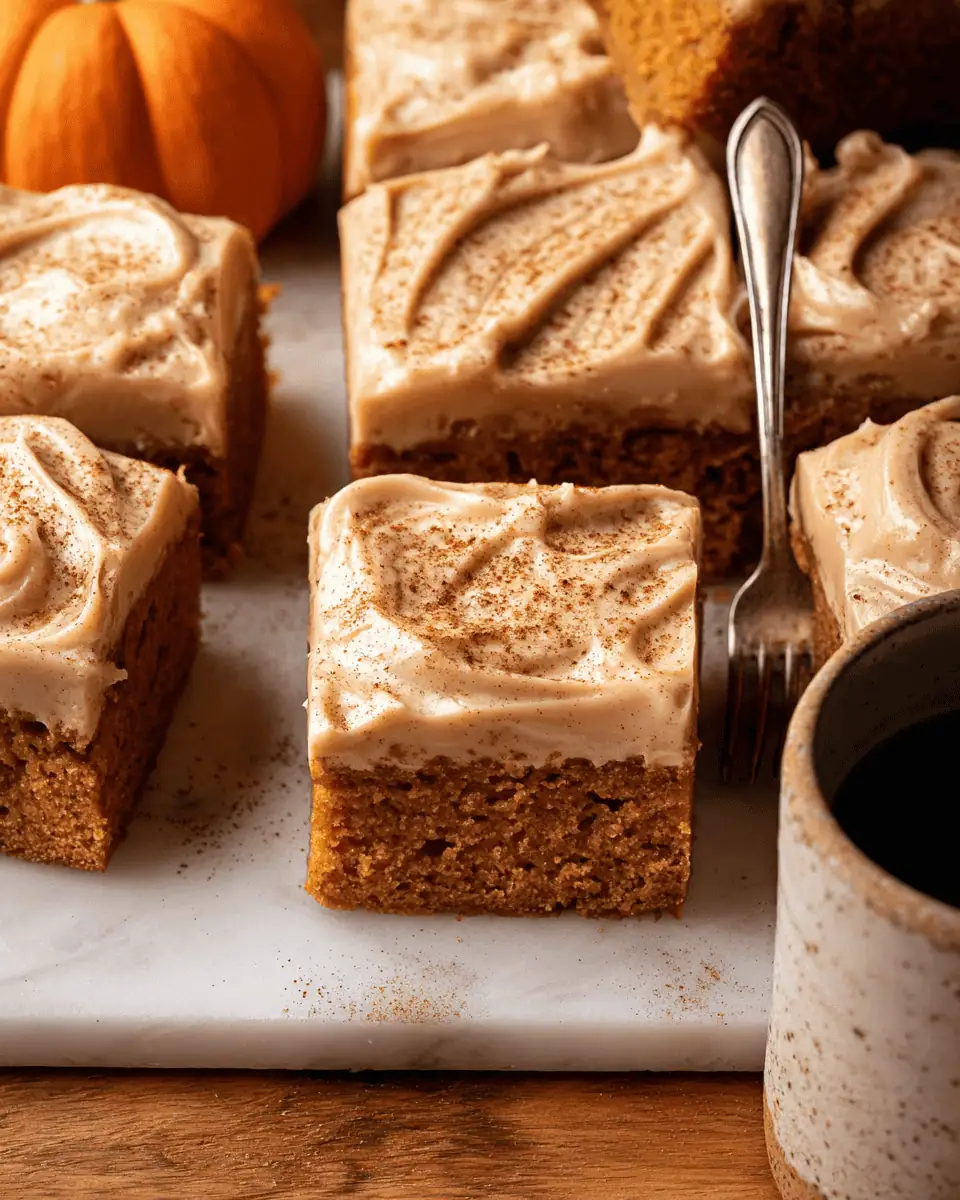 Decadent Pumpkin Spice Latte Cake (with Espresso Frosting!) 2 A perfect square slice of pumpkin spice latte cake on a white plate, showing the moist crumb and thick espresso frosting.