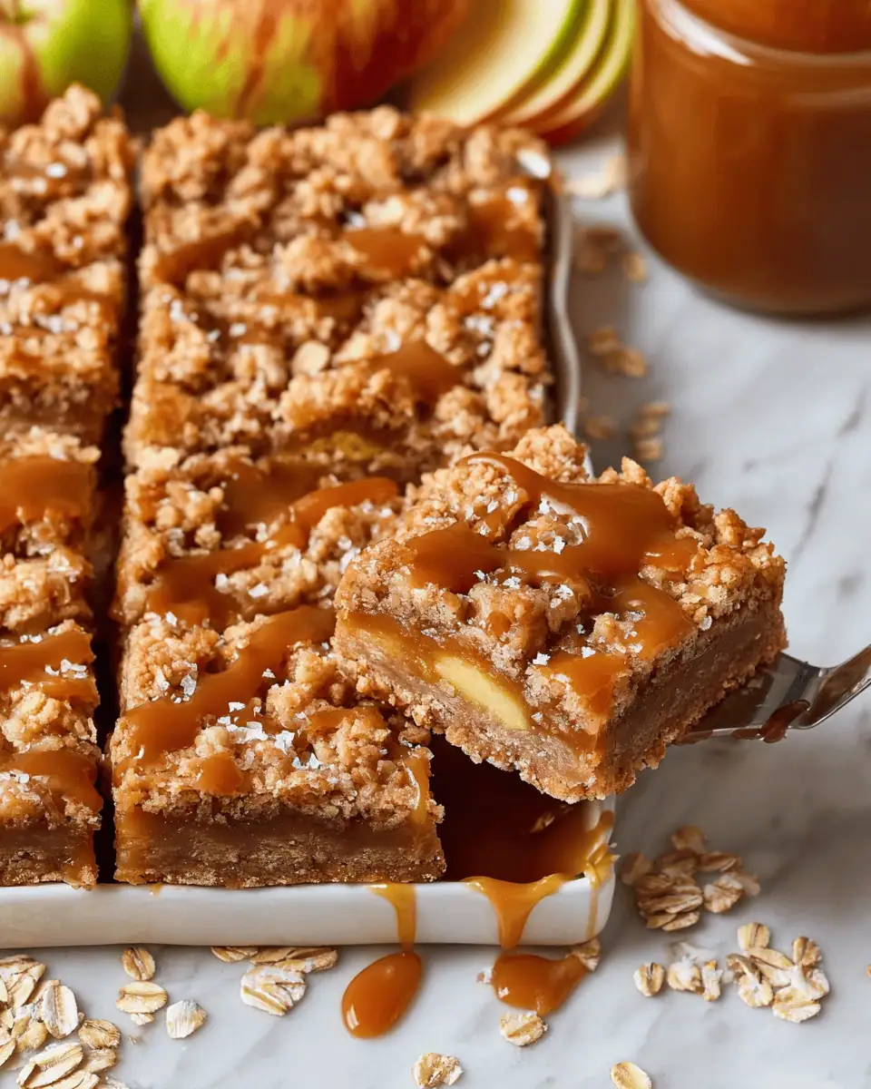 The Ultimate Salted Caramel Apple Crisp Bars (Easy Recipe!) 3 A close-up of a single apple crisp bar on a plate, showing the gooey caramel and apple filling.