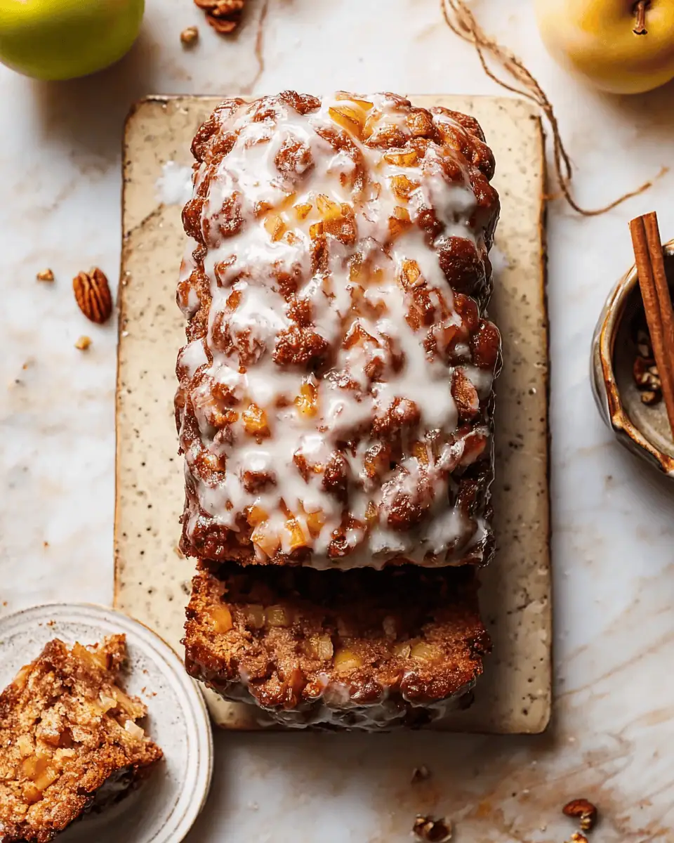 A whole loaf of apple fritter bread on a cooling rack, generously drizzled with white vanilla glaze.
