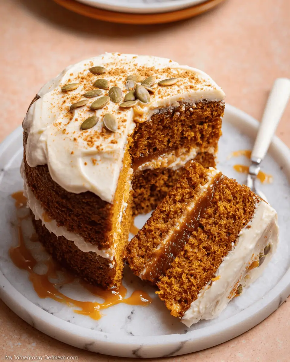 Ultimate Brown Butter Pumpkin Cake (with Dulce de Leche!) 2 A tall, beautiful slice of brown butter pumpkin cake on a plate, clearly showing the dulce de leche filling.
