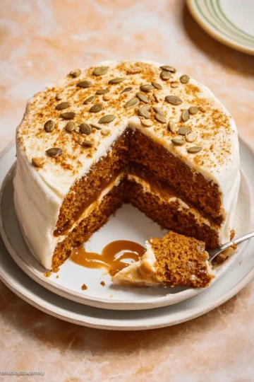 The entire brown butter pumpkin cake on a cake stand, with rustic swirls of cream cheese frosting.