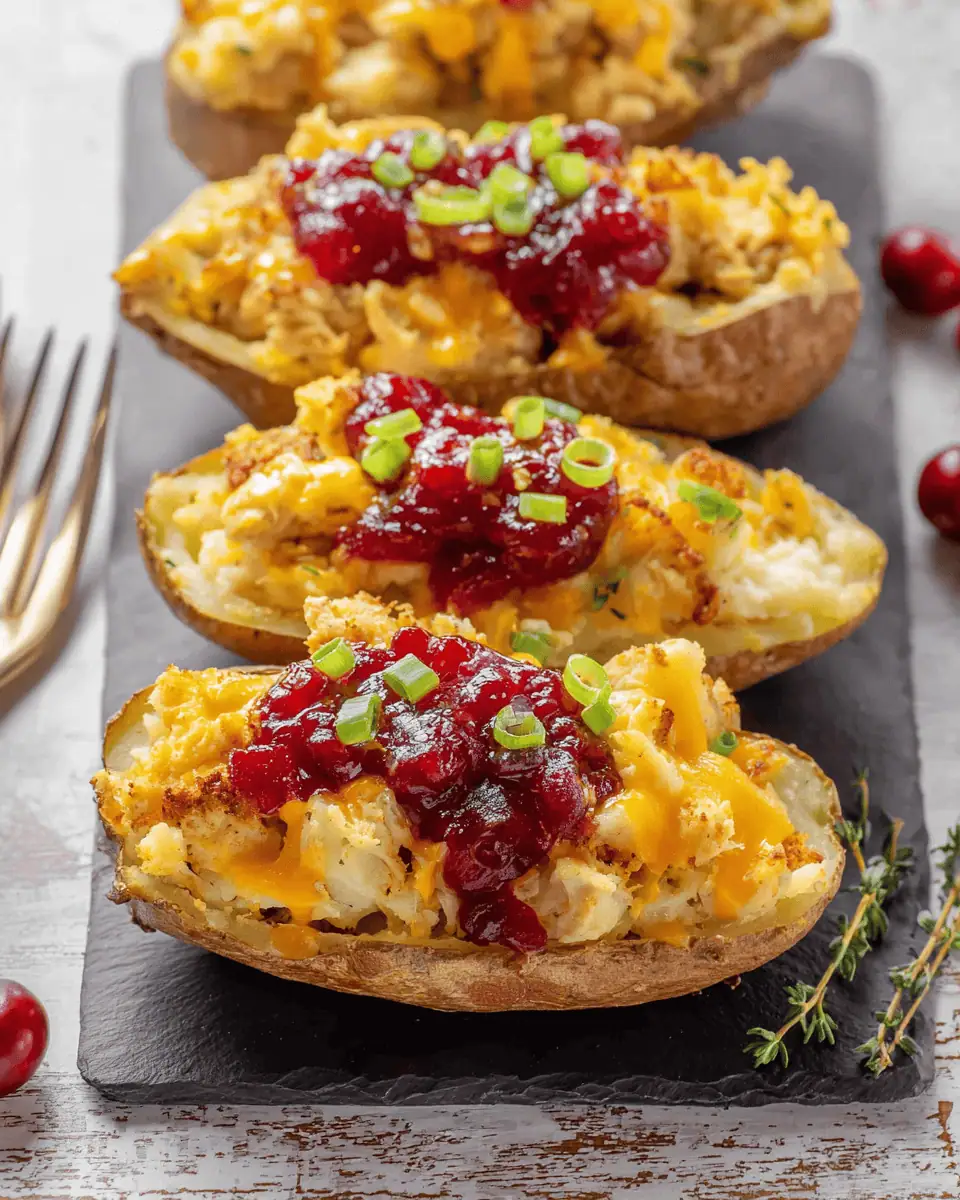 An overhead shot of golden-brown Thanksgiving potato skins on a baking sheet, fresh from the oven.