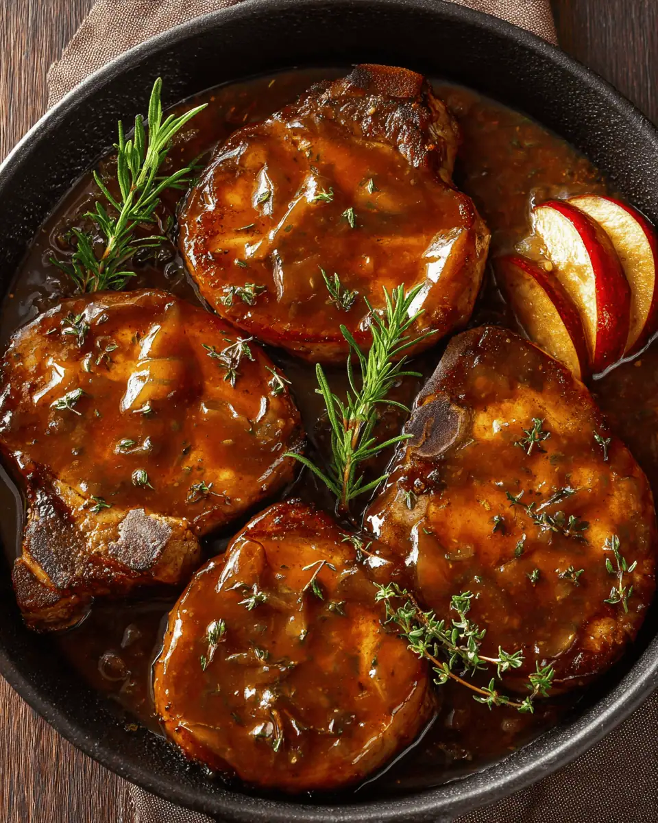 Easy Apple Cider Glazed Pork Chops (30-Minute Skillet!) 1 A single, thick-cut apple cider glazed pork chop served on a white plate next to mashed potatoes.