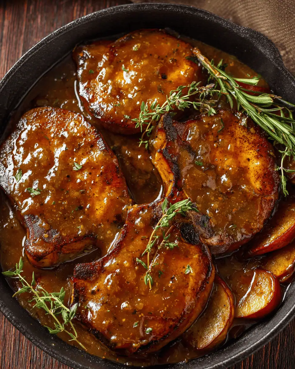 Easy Apple Cider Glazed Pork Chops (30-Minute Skillet!) 3 A cast-iron skillet of golden-brown, seared pork chops simmering in a glossy apple cider glaze with thyme.