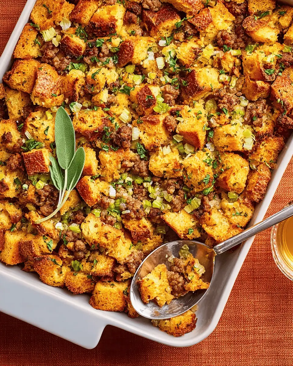 The Best Classic Sage and Sausage Stuffing (or Dressing!) 3 A serving spoon scooping a large portion of the moist sage and sausage stuffing from the dish.