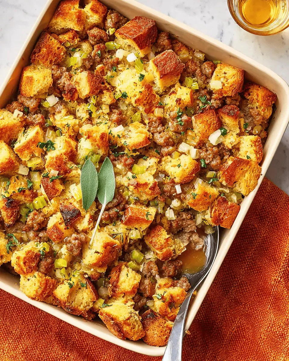 The Best Classic Sage and Sausage Stuffing (or Dressing!) 2 An overhead view of the entire baked sausage stuffing, showing the golden crust and herbs.