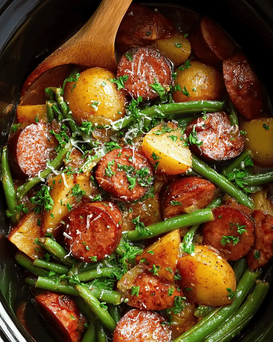 Cozy Crockpot Kielbasa and Green Beans (with Potatoes!) 2 An overhead shot of the slow cooker filled with cooked kielbasa, tender green beans, and baby potatoes.