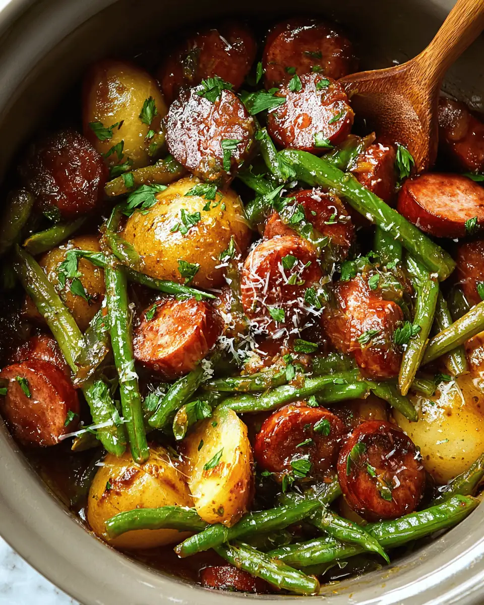 Cozy Crockpot Kielbasa and Green Beans (with Potatoes!) 1 A white bowl of hearty crockpot kielbasa, green beans, and potatoes, garnished with fresh parsley.