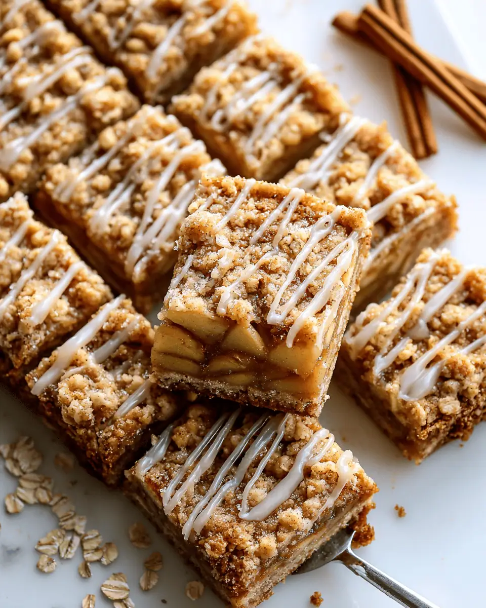 The Best Apple Crumble Bars (Easy 2-in-1 Crust!) 1 A stack of three apple crumble bars, showing the chewy oat crust and jammy apple layer.