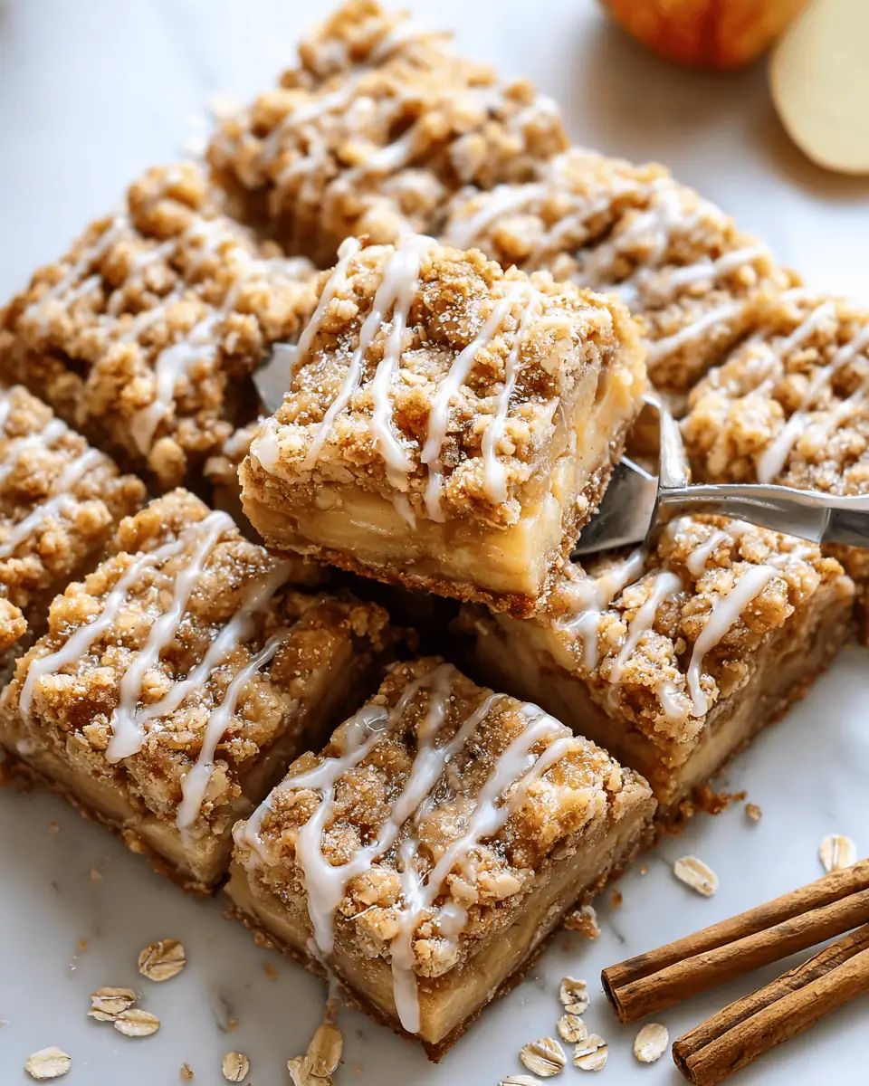The Best Apple Crumble Bars (Easy 2-in-1 Crust!) 2 A single apple crumble bar on a white plate, showing the thick apple filling and crunchy oat topping.
