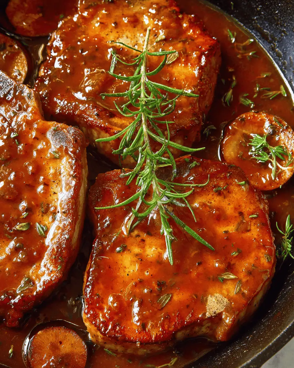 Easy Apple Cider Glazed Pork Chops (30-Minute Skillet!) 2 A close-up of a sliced apple cider pork chop, showing the juicy interior and dark, sticky glaze.