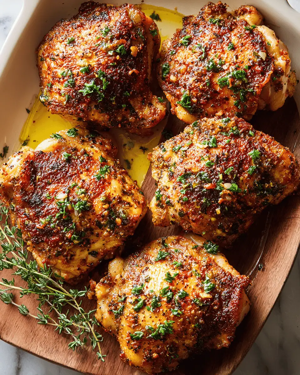 Crispy Baked Ranch Chicken Thighs (Easy 45-Min Recipe!) 1 A white serving platter holding crispy ranch chicken thighs, garnished with fresh chopped parsley.