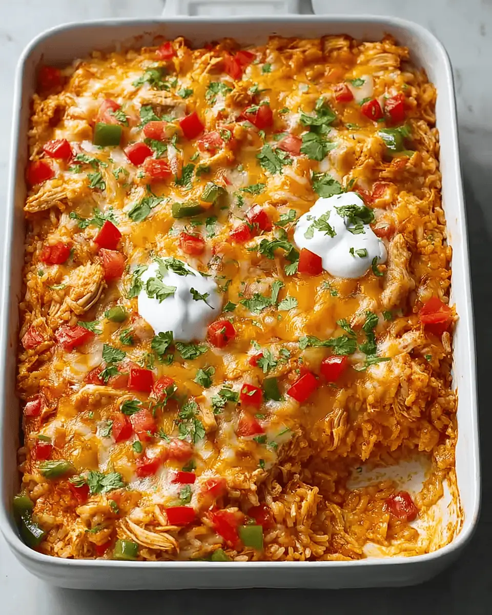 Easy Chicken Fajita Casserole (One-Pan Dump-and-Bake!) 1 A serving spoon scooping a large, cheesy portion of chicken fajita casserole from the baking dish.