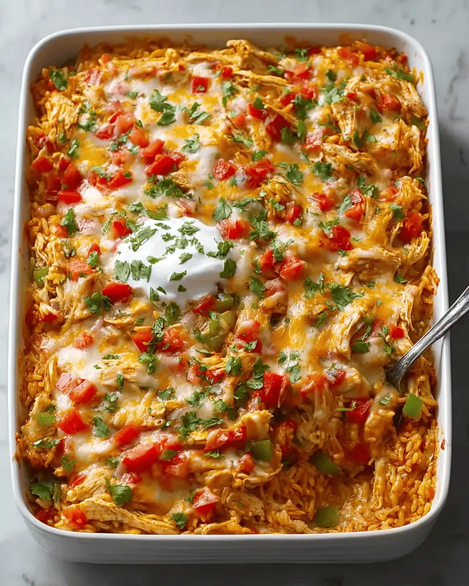 Easy Chicken Fajita Casserole (One-Pan Dump-and-Bake!) 4 A square slice of creamy chicken fajita casserole on a white plate, showing the rice, chicken, and melted cheese.