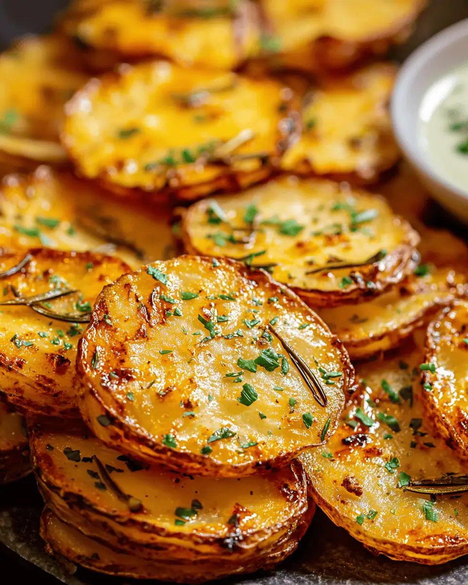 Easy Crispy Baked Potato Slices (Rosemary & Garlic!) 2 A white serving bowl filled with crispy baked potato slices, garnished with parsley and a lemon wedge.