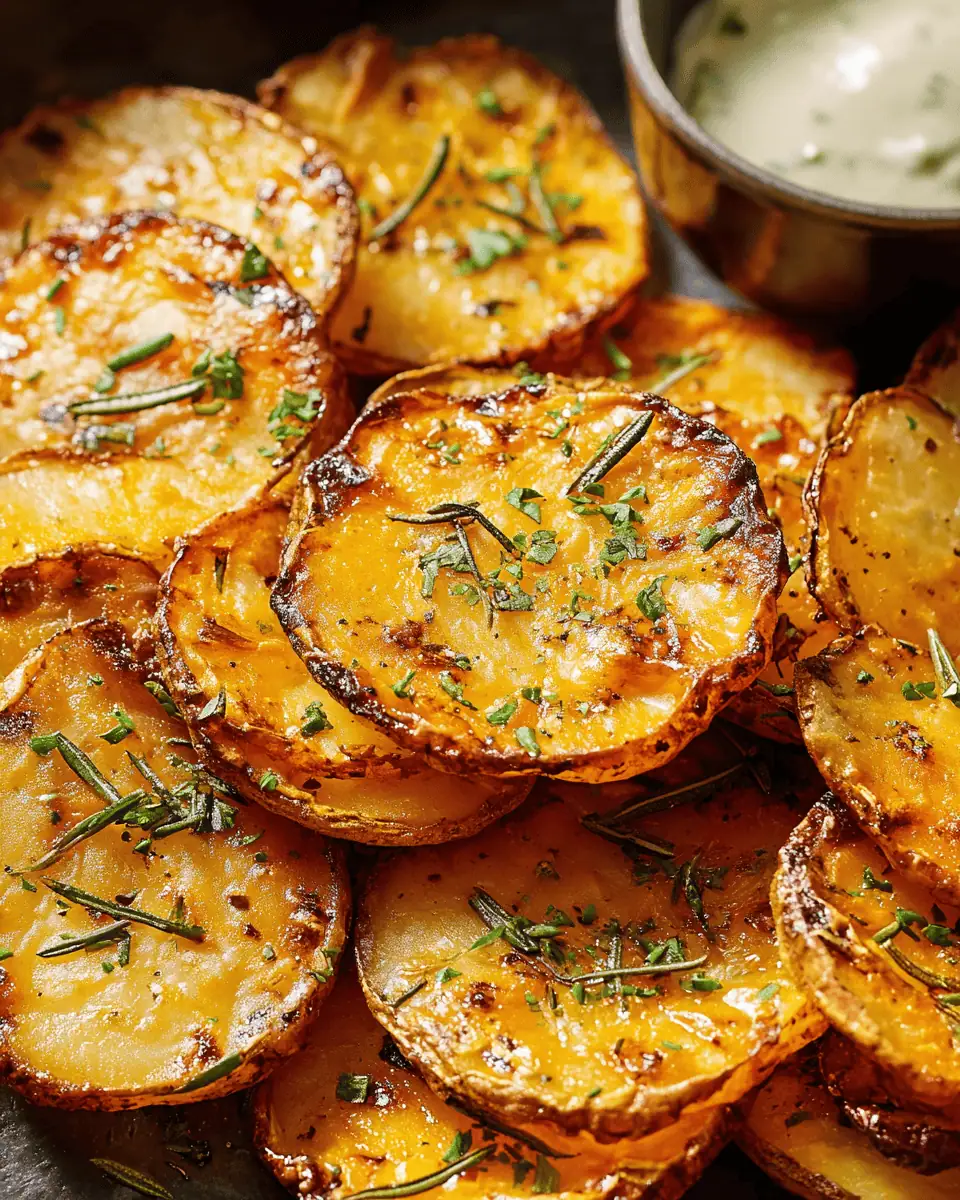 Easy Crispy Baked Potato Slices (Rosemary & Garlic!) 3 A hand dipping a single baked potato slice into a small white bowl of ranch dressing.
