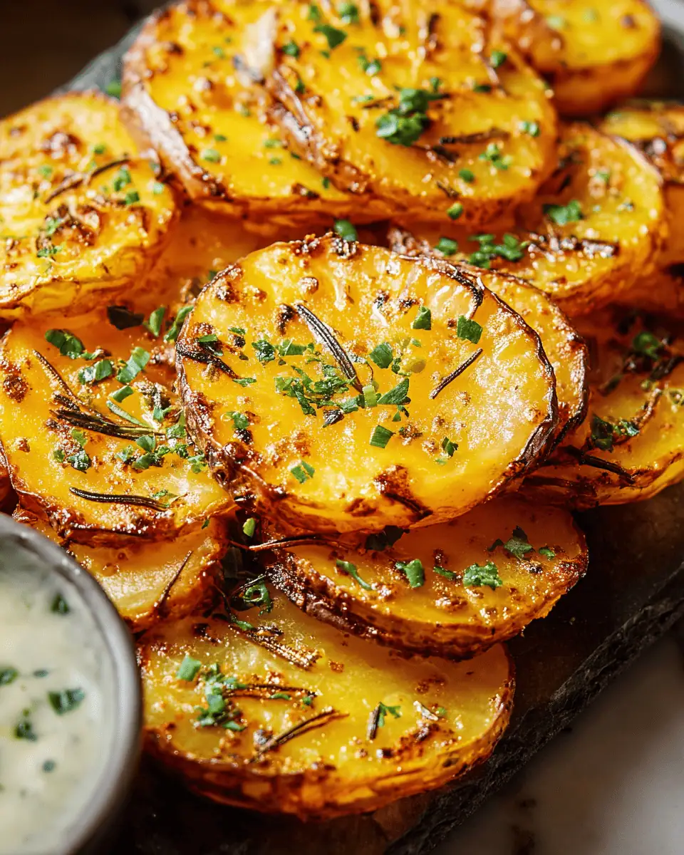 Easy Crispy Baked Potato Slices (Rosemary & Garlic!) 1 A baking sheet of golden-brown, crispy baked potato slices, seasoned with herbs and fresh parsley.