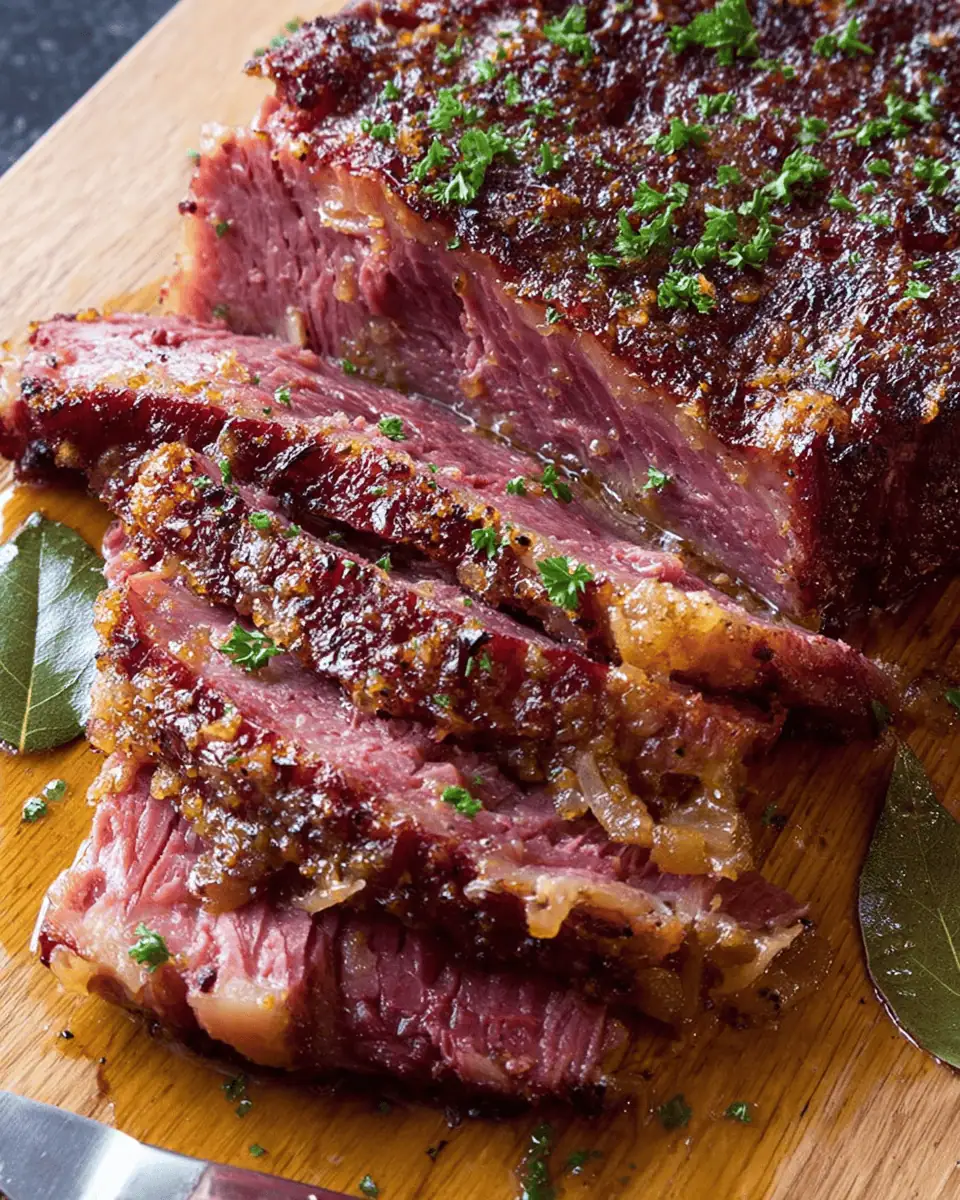 The crispy corned beef on a holiday platter, garnished with parsley and served with roasted carrots.