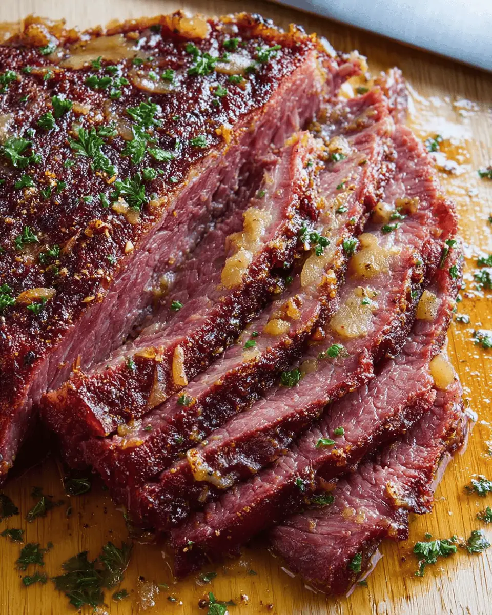 The finished corned beef in the slow cooker pot, showing the dark, bubbly, broiled top.