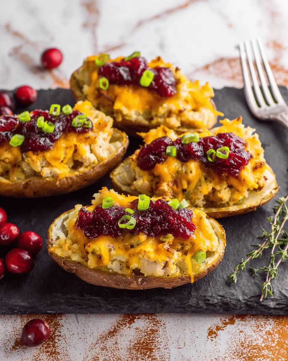 A close-up of one Thanksgiving stuffed potato skin, showing the melted cheddar and turkey-stuffing filling.
