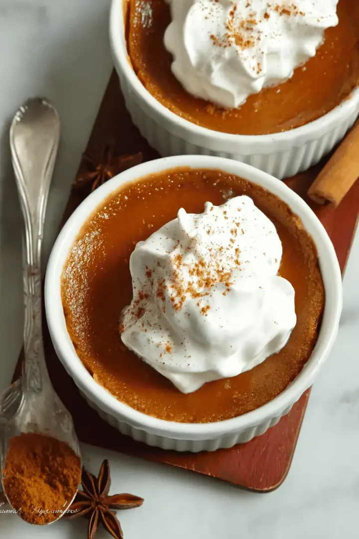 Easy Mini Crustless Pumpkin Pies (Silky Custard!) 8 An overhead shot of a mini crustless pumpkin pie in its ramekin, ready to be eaten.